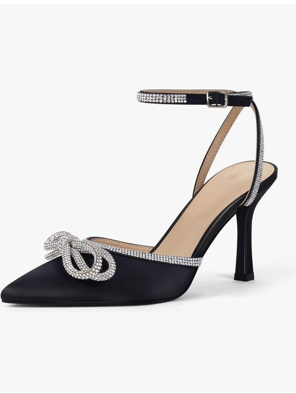 Elegant Black Satin Rhinestone Bow Stiletto Heels - Women Size 8.5